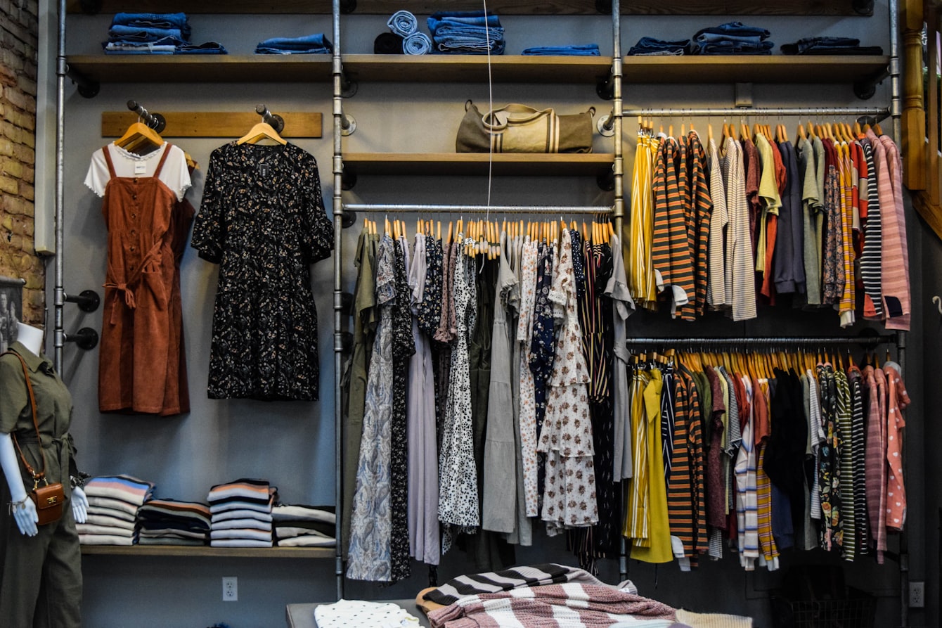 A clothing brand catalog starts with a planned set of shots — apparel on a retail rack ready to be photographed