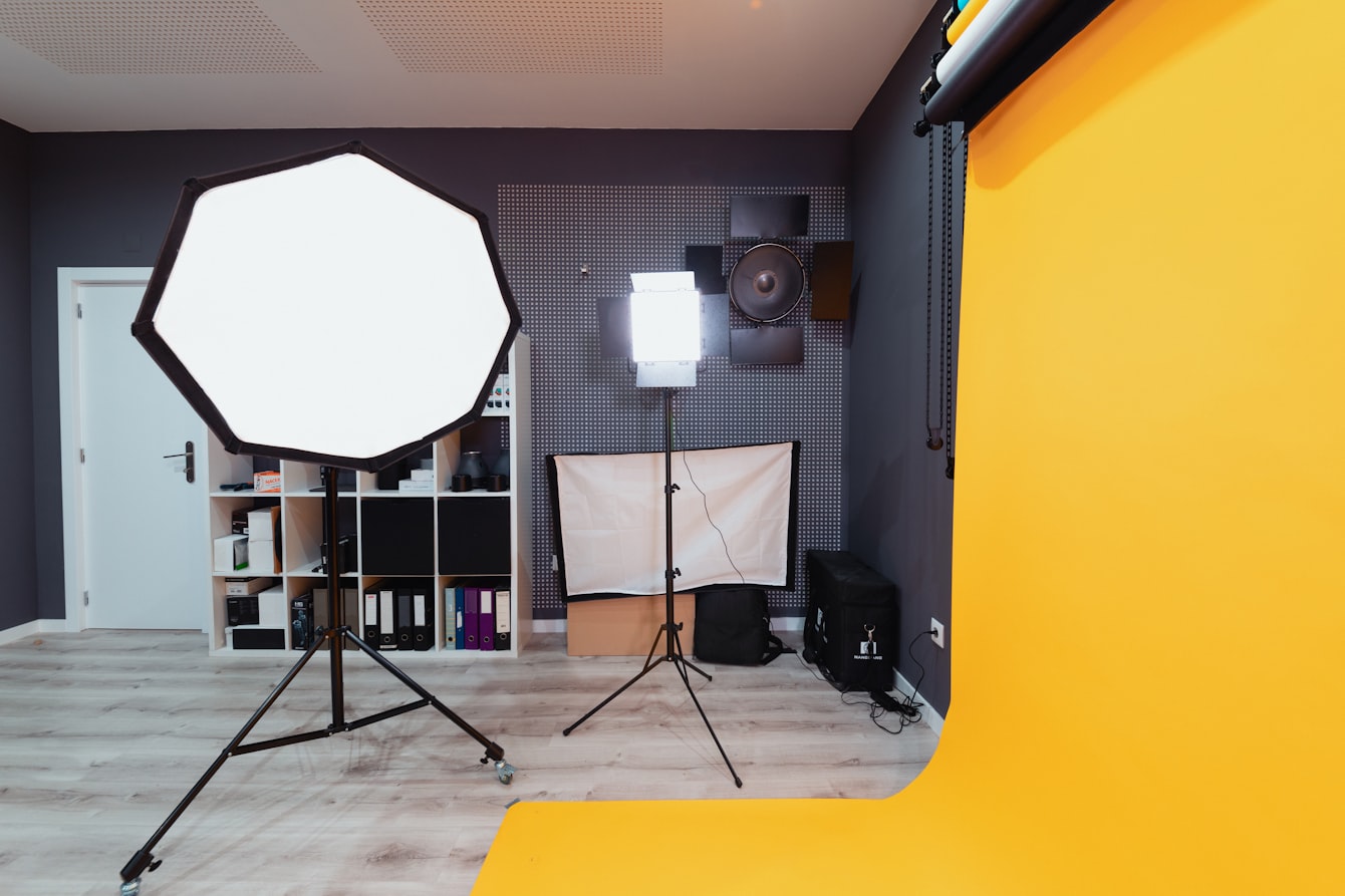 A clothing photography studio lighting setup — diffused softbox lighting on stands around the shooting area