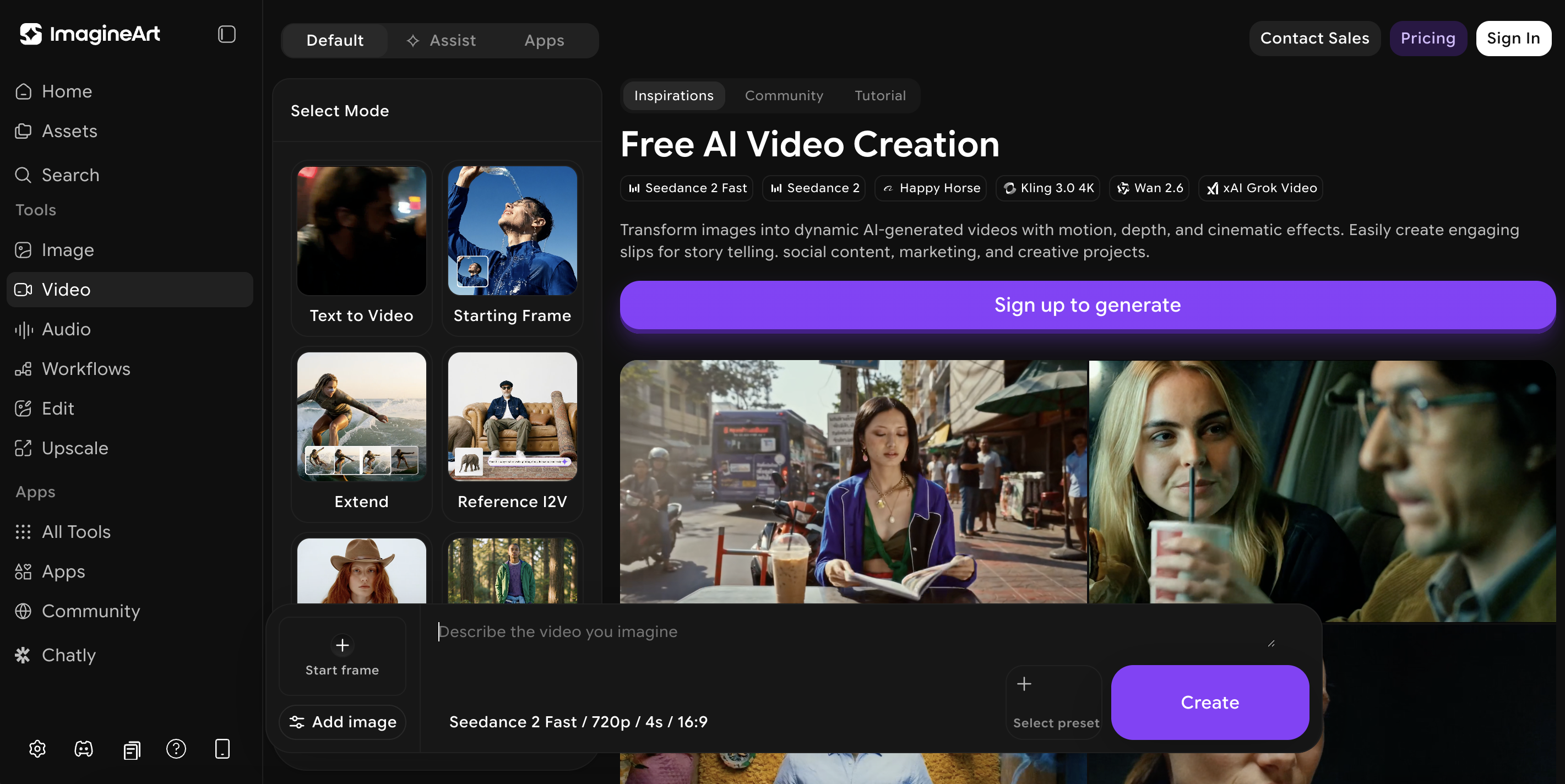 ImagineArt interface showing multi-model selector for Kling, Veo 3, Hailuo, and PixVerse