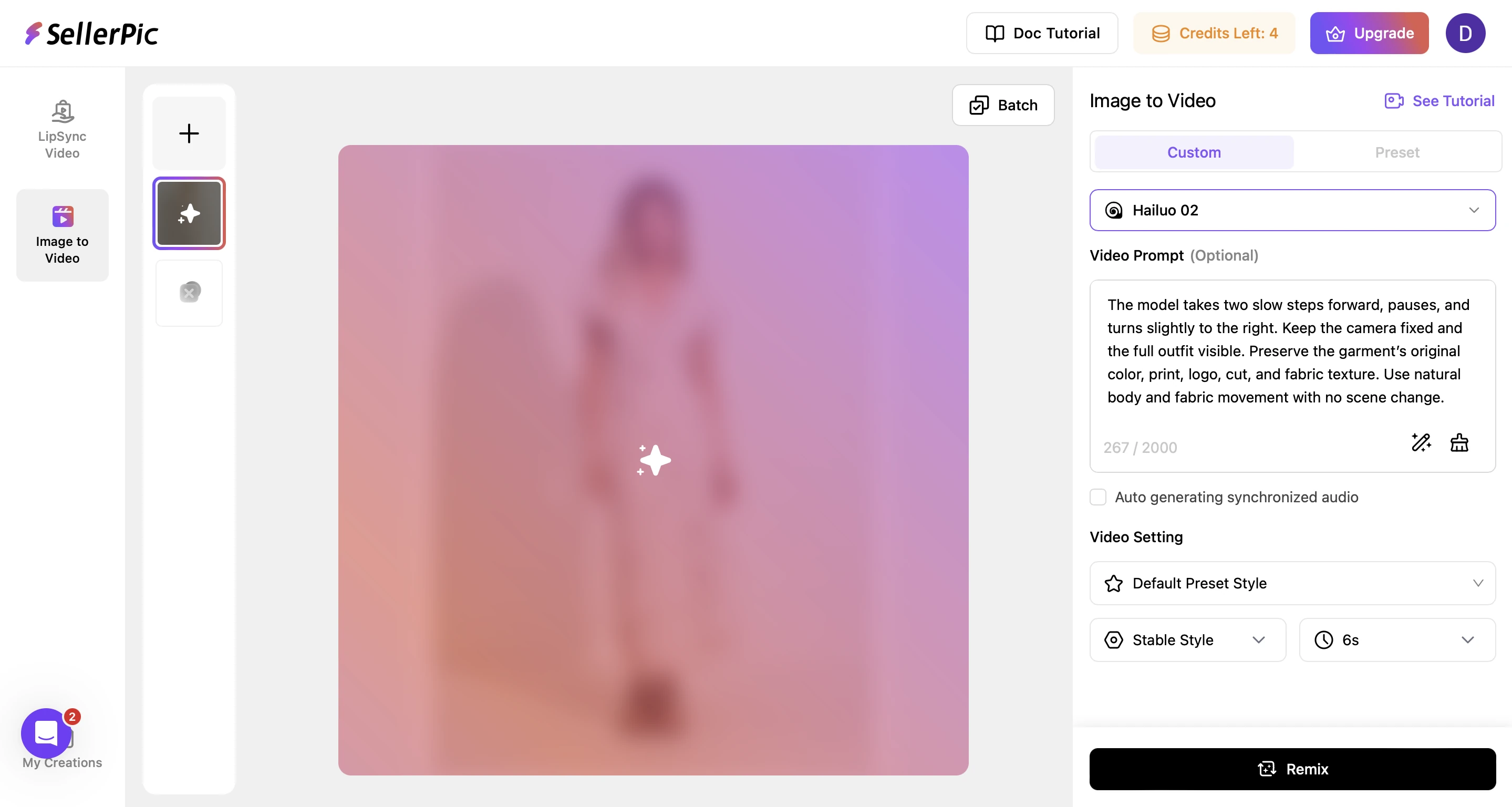 SellerPic image-to-video generation interface
