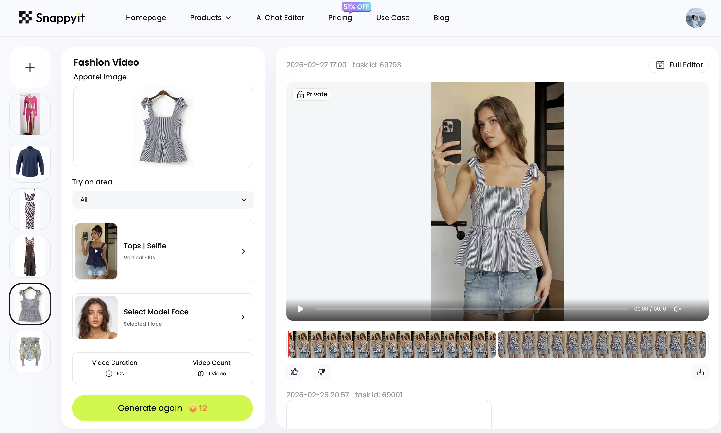 Snappyit fashion video dashboard — drop a flat-lay or product photo onto a model from the template library