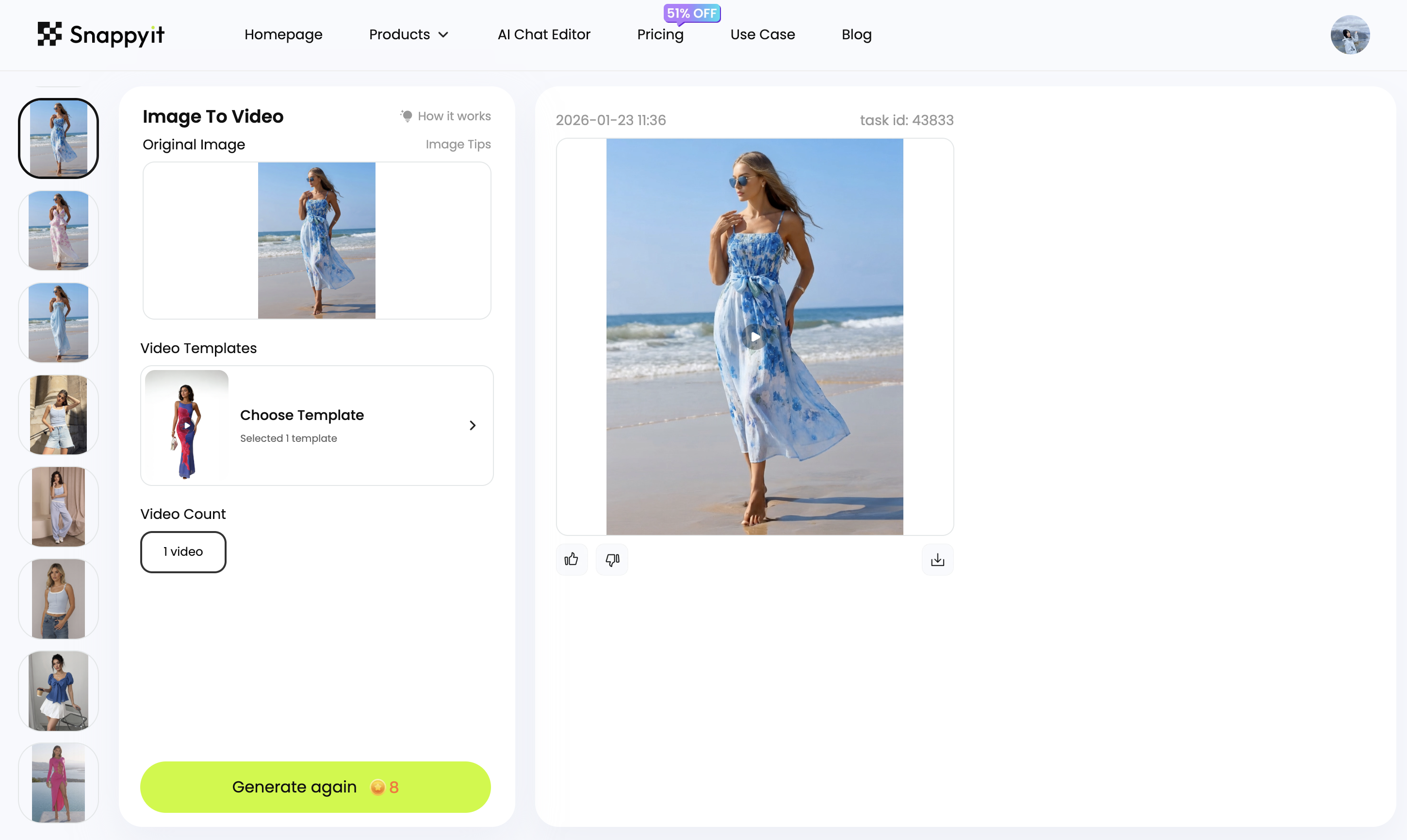 Snappyit image-to-video dashboard — animate an existing on-model fashion photo