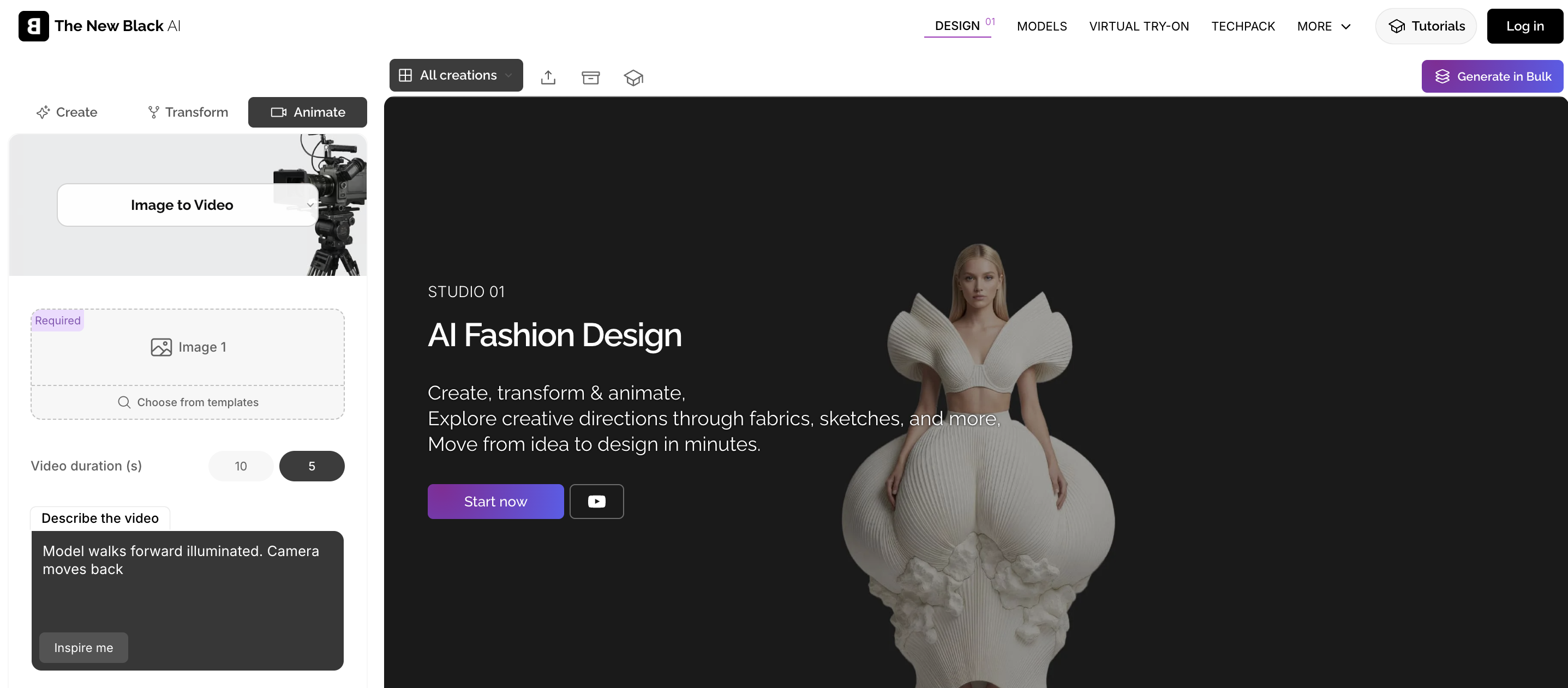 The New Black interface showing fashion design and video generation workflow