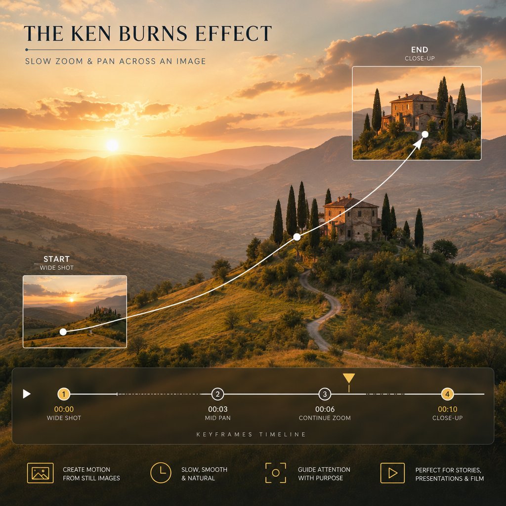 The Ken Burns effect adds natural camera-like motion to still photos through subtle zoom and pan