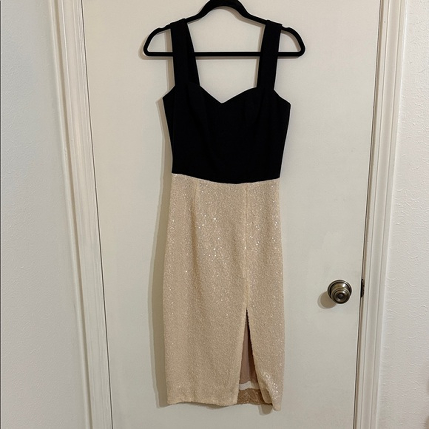 Sequin cocktail dress phone source photo on hanger — typical reseller starting input