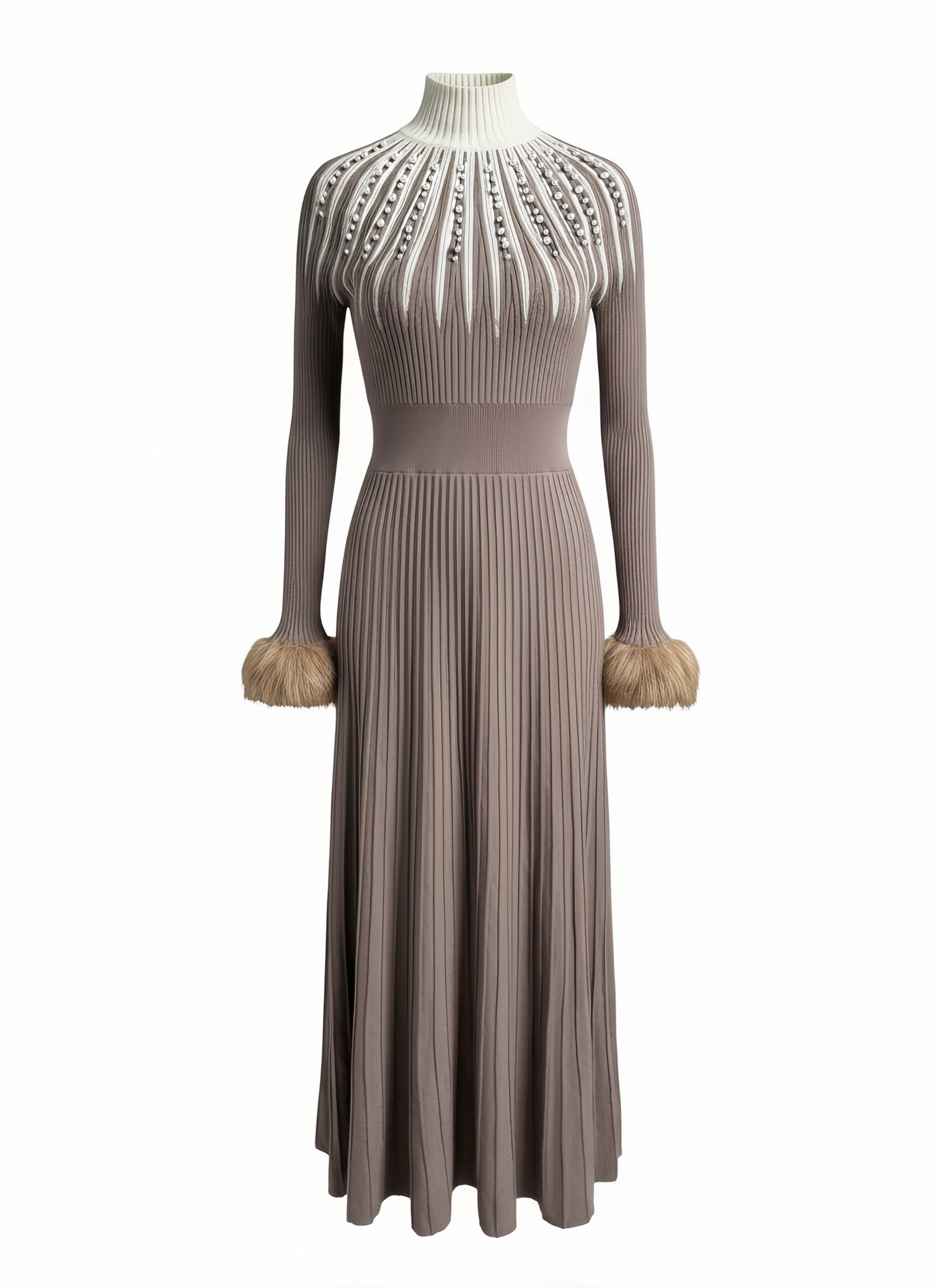 Same knit fur-cuff dress regenerated as 3D ghost mannequin worn shape on clean white catalog background — AI Ghost Mannequin output