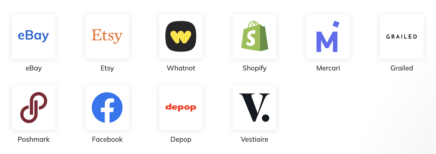 Marketplace platform logos — eBay, Etsy, Whatnot, Shopify, Mercari, Grailed, Poshmark, Facebook, Depop, Vestiaire — each with different cover photo ratio requirements