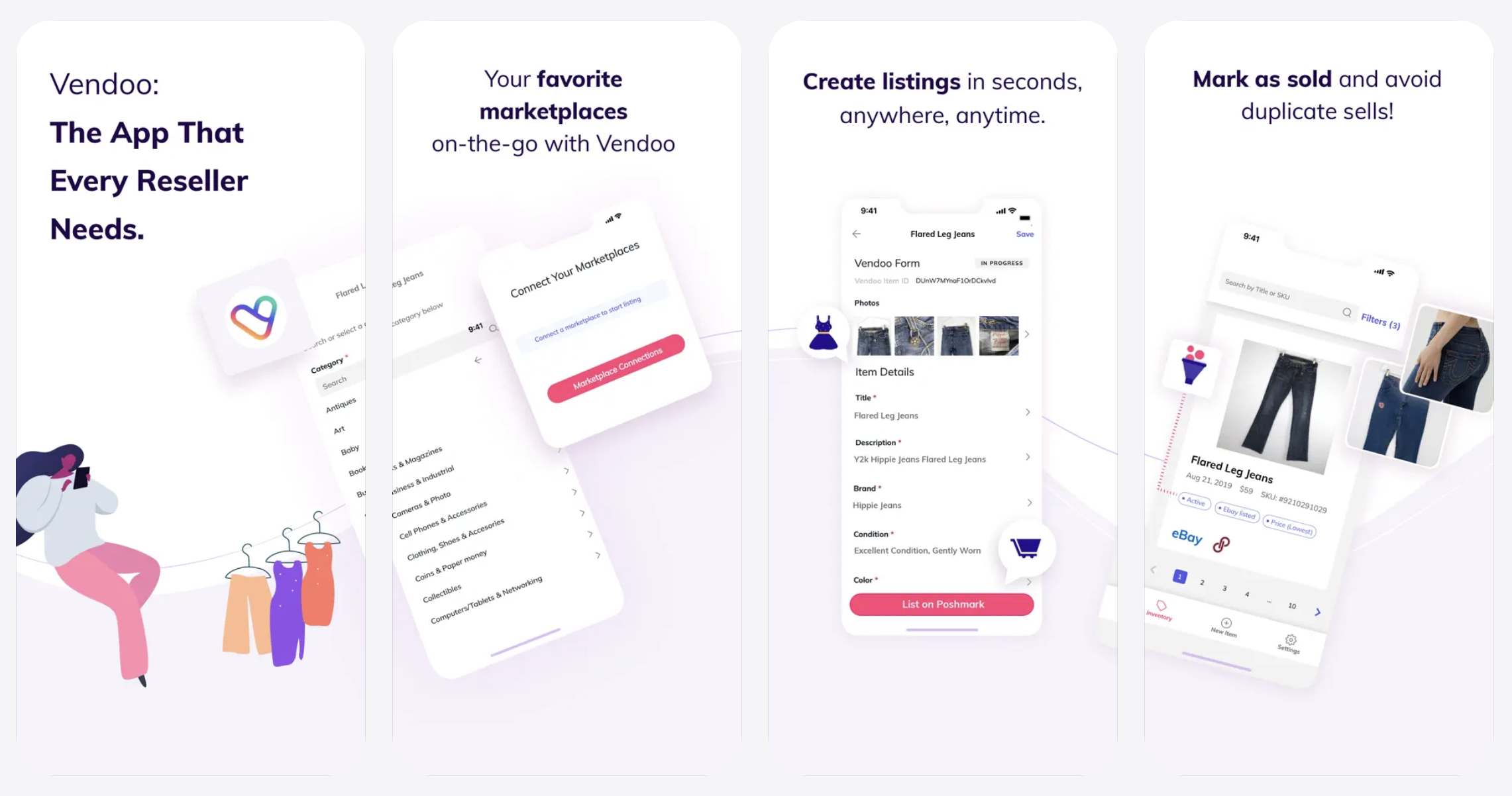 Vendoo cross-listing app screens — connect marketplaces, create listings in seconds, mark as sold to avoid duplicate sells