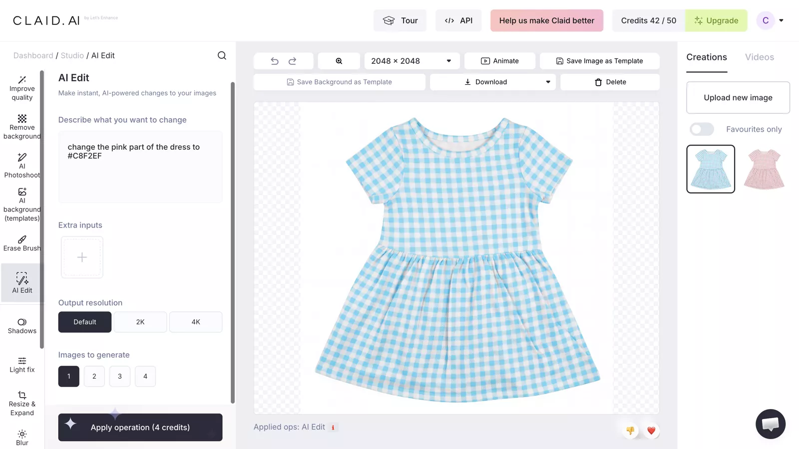 Claid AI recolor workspace showing patterned garment color result