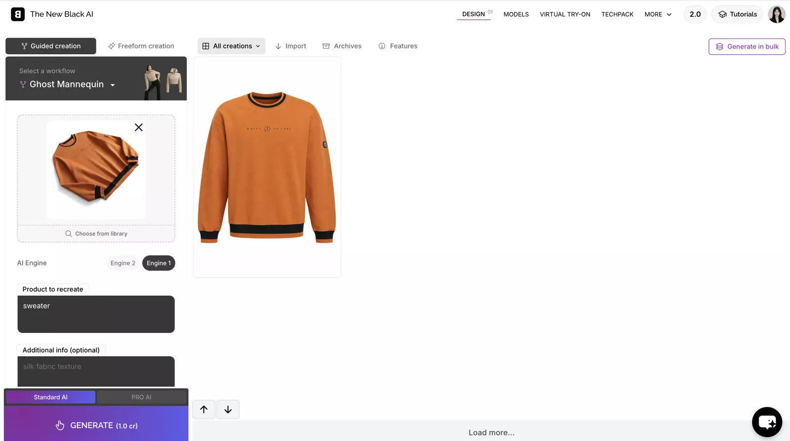 The New Black ghost mannequin workspace with generated garment silhouettes