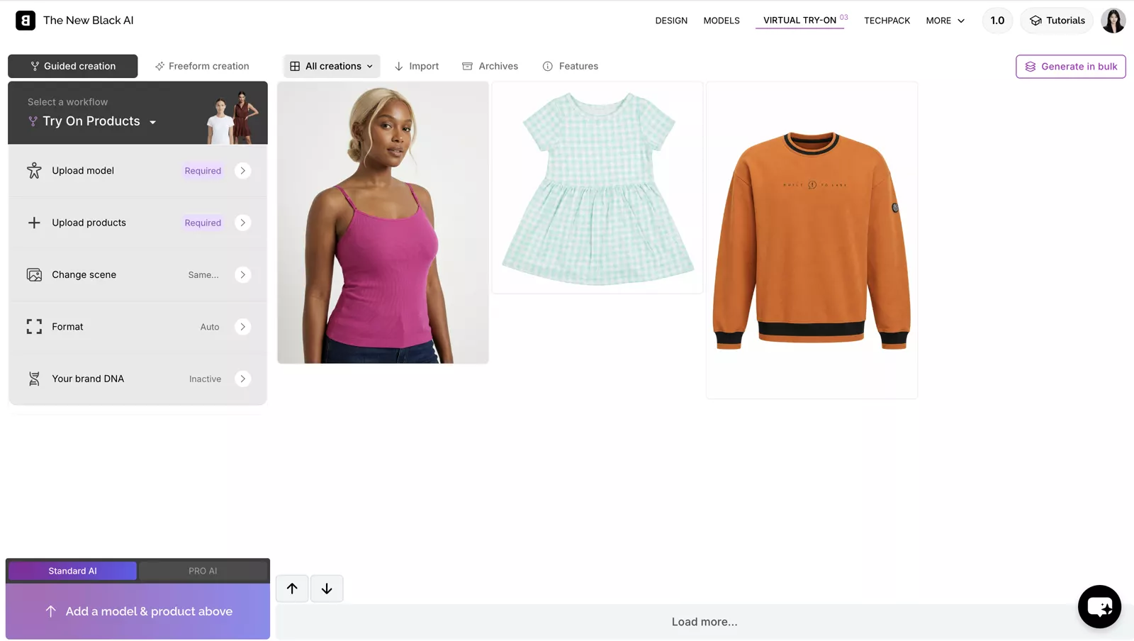 The New Black AI fashion model workspace with styled model result