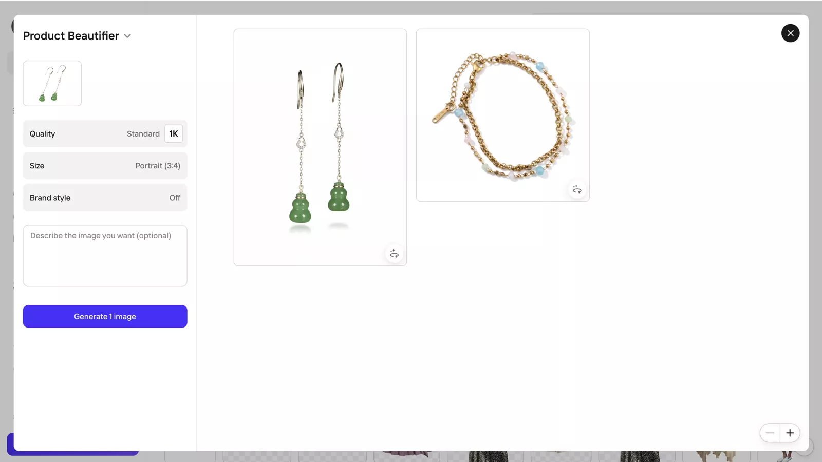 Photoroom Product Beautifier result for green earrings on white background