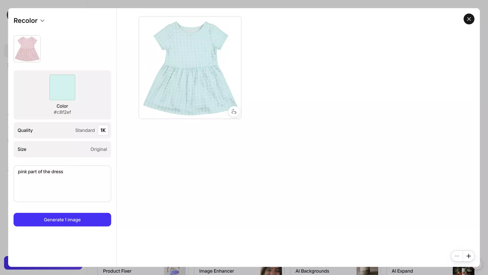 Photoroom product recolor workspace showing plaid garment color result