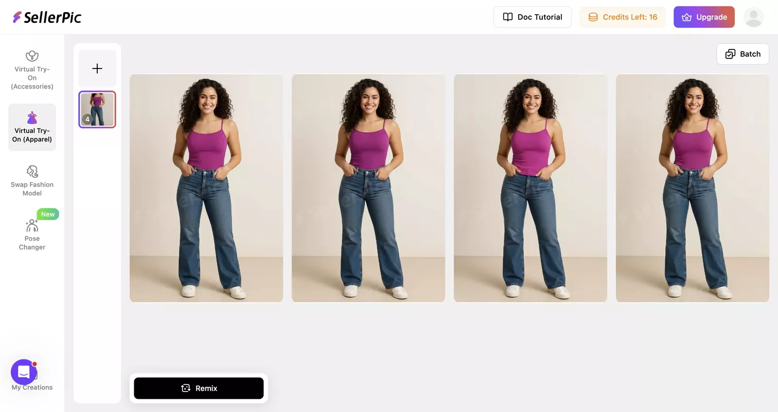 SellerPic virtual try-on workspace with generated model variations