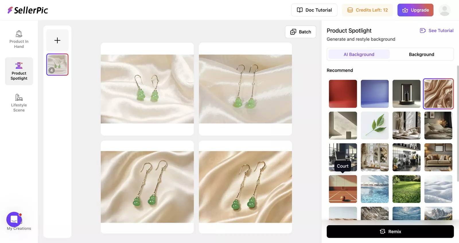 SellerPic Product Spotlight workspace with styled green earring results