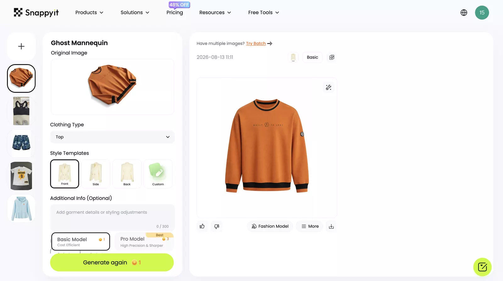 Snappyit ghost mannequin workspace with orange garment source and generated catalog result