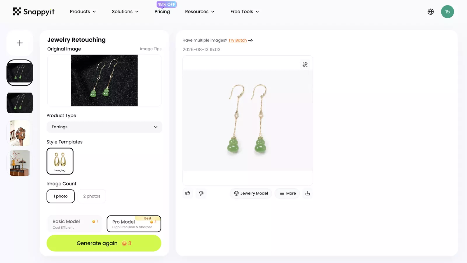 Snappyit Jewelry Retouch workspace with green earrings and clean catalog result