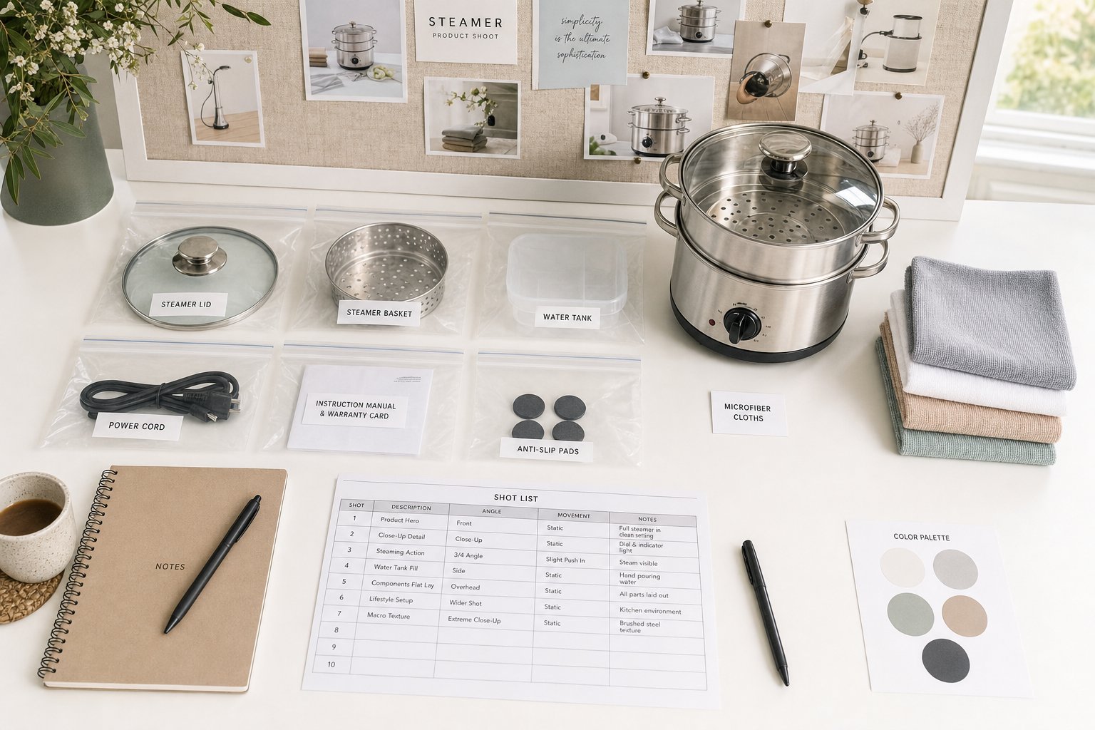 Organized product prep with labeled SKUs and styling tools before a photoshoot