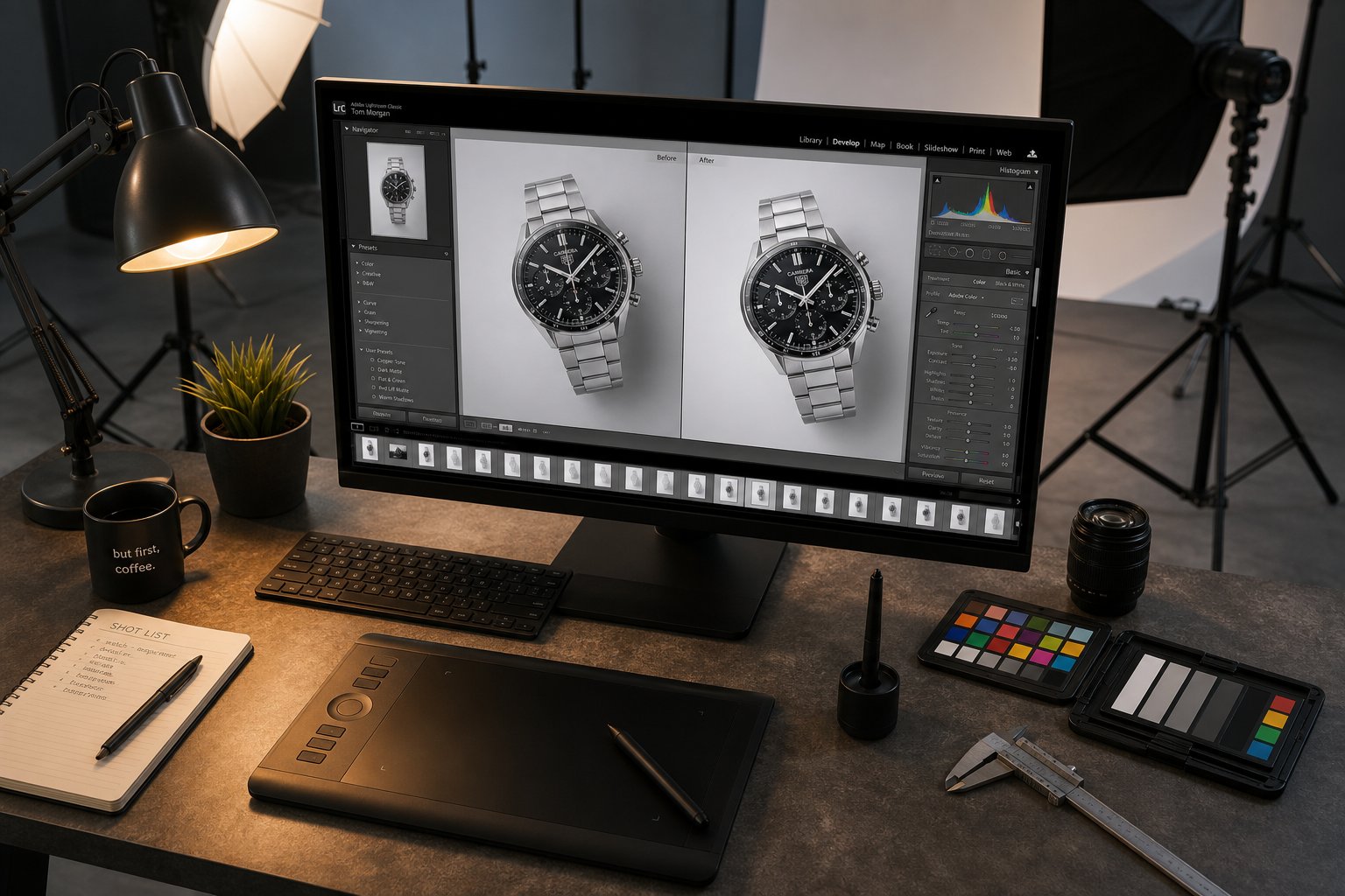 Post-production color correction workflow at an ecommerce photography studio