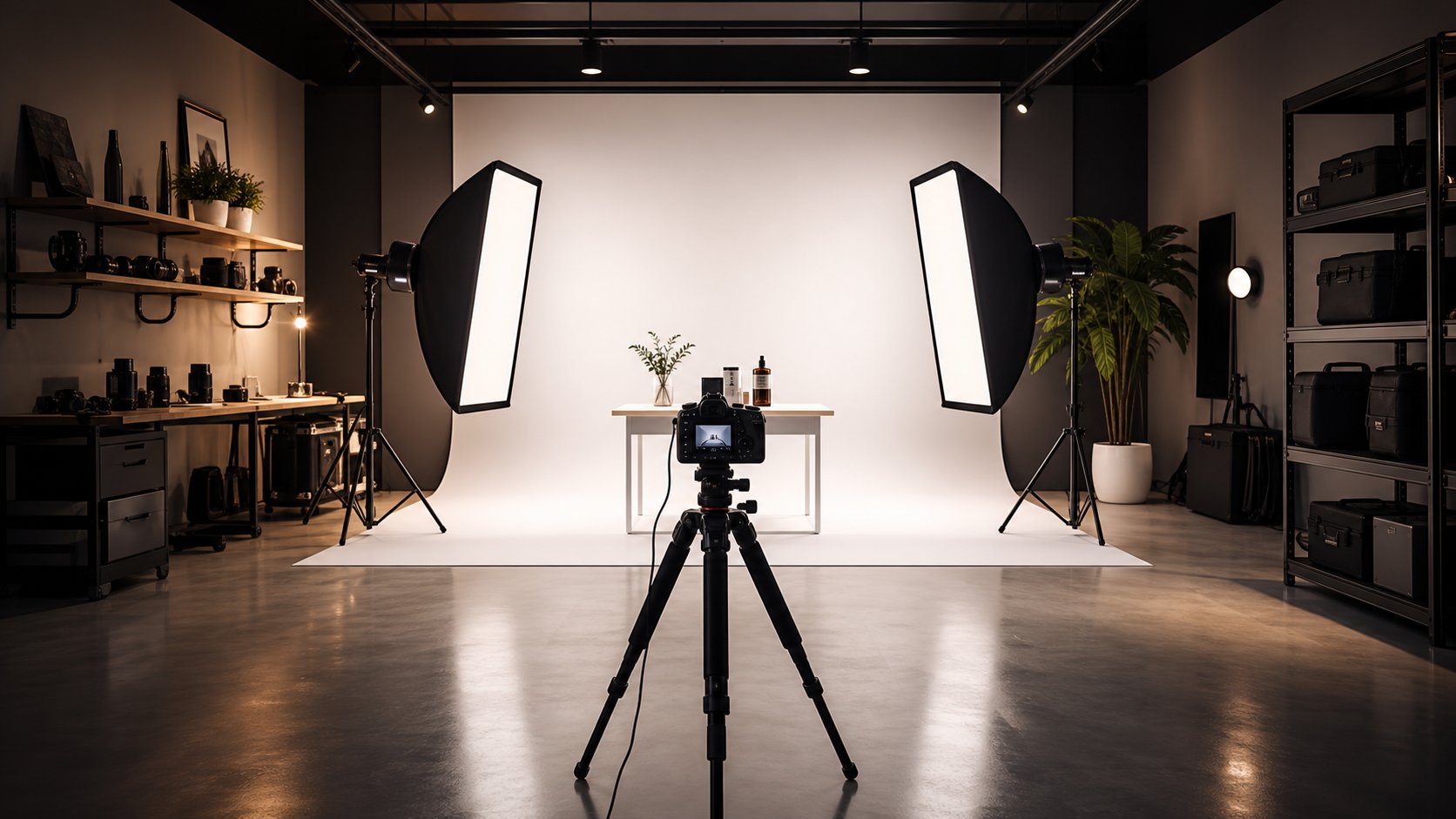 Ecommerce product photography studio with softbox lighting and white backdrop