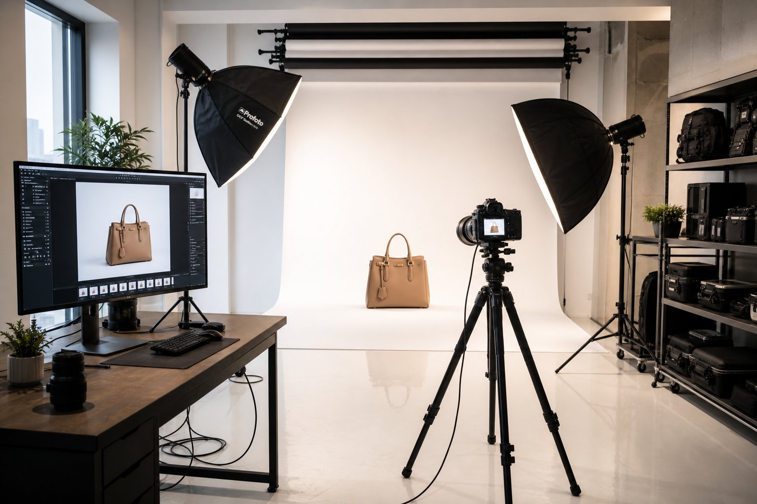 ecommerce product photography studio with lighting rigs and white sweep