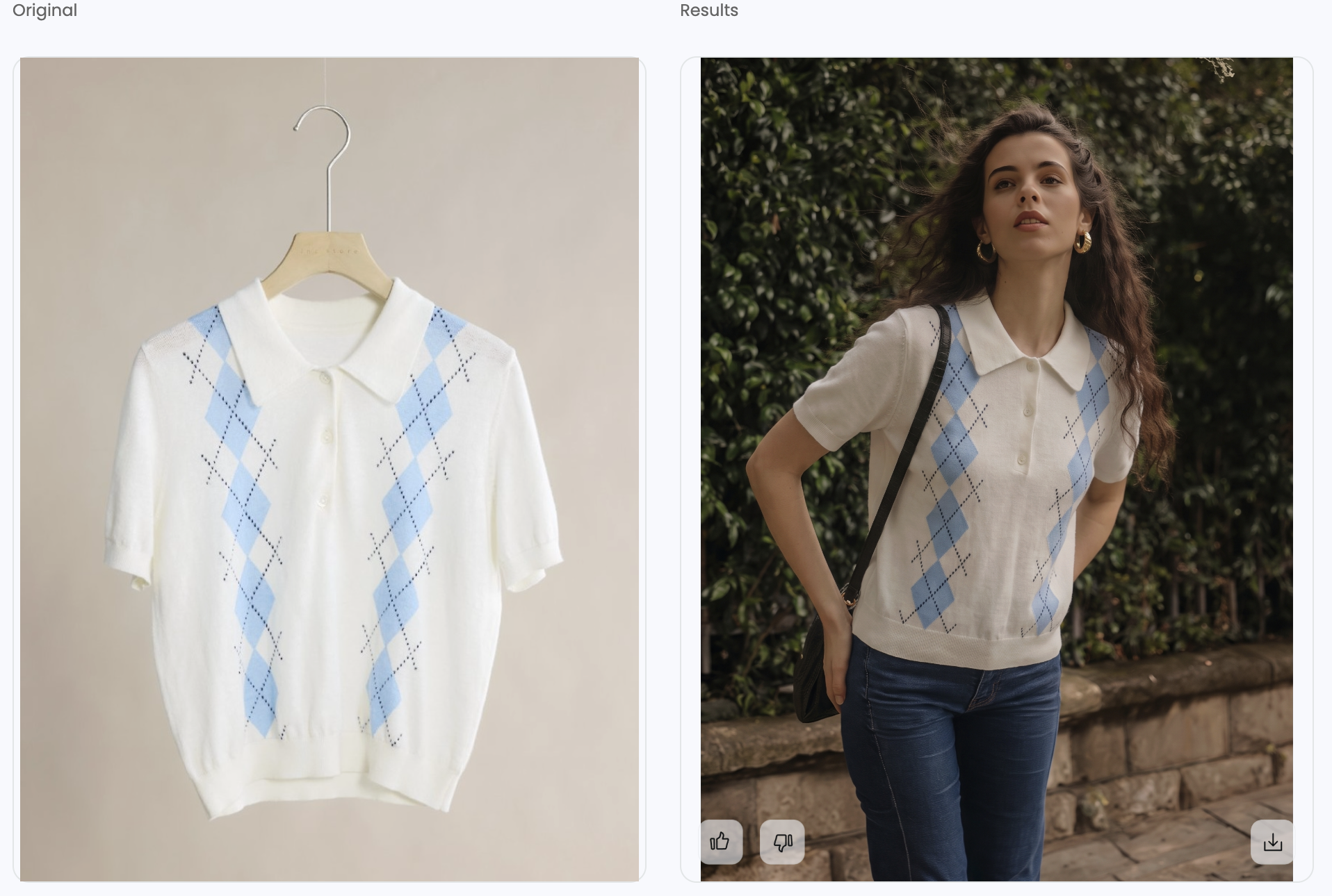 Argyle polo before and on an AI fashion model