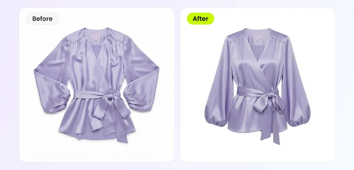 Flat lay supplier photo transformed into ghost mannequin result with 3D shape, natural draping, and preserved garment color and texture