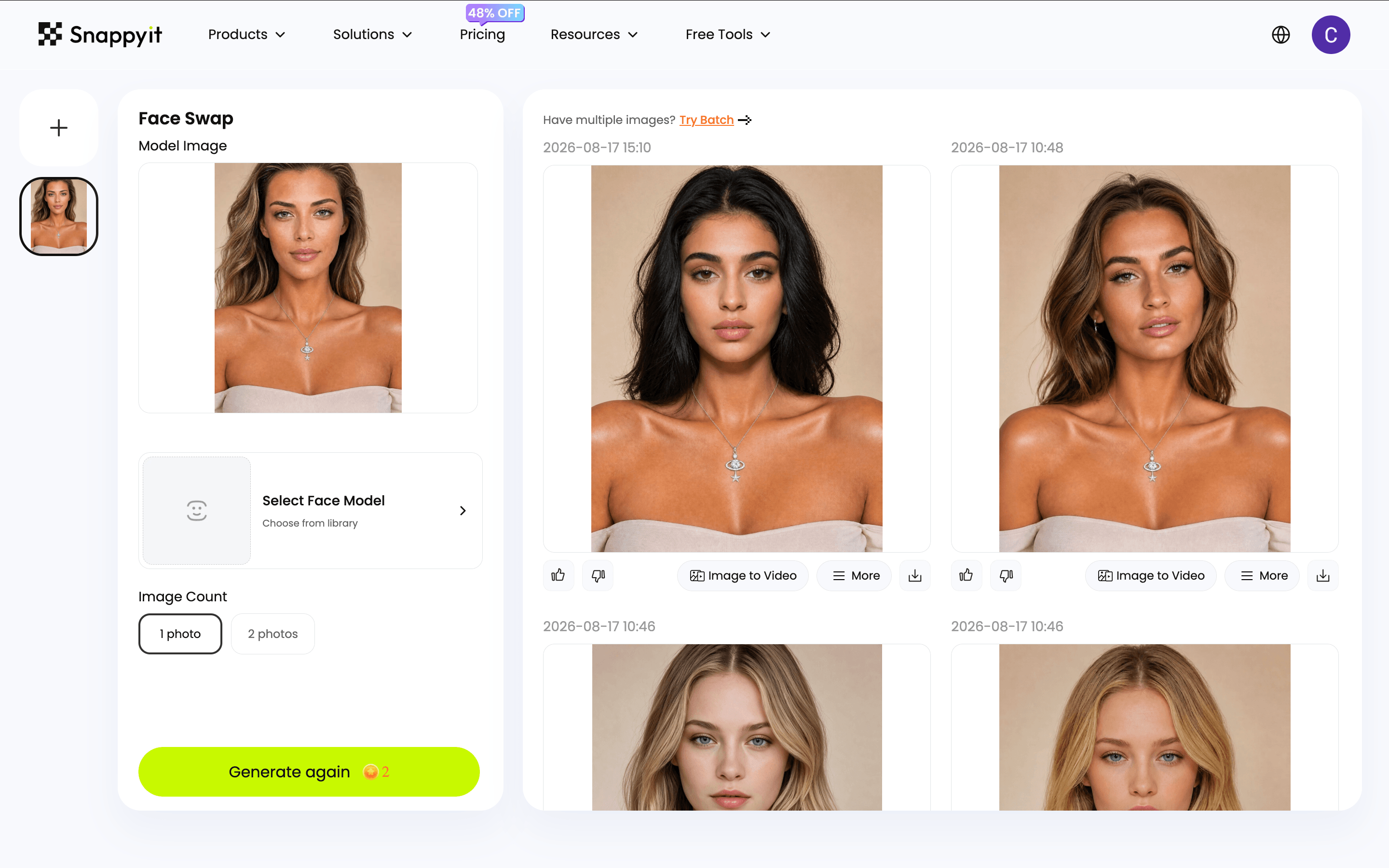 Snappyit Face Swap workspace showing the target photo, face model selection, and generated results