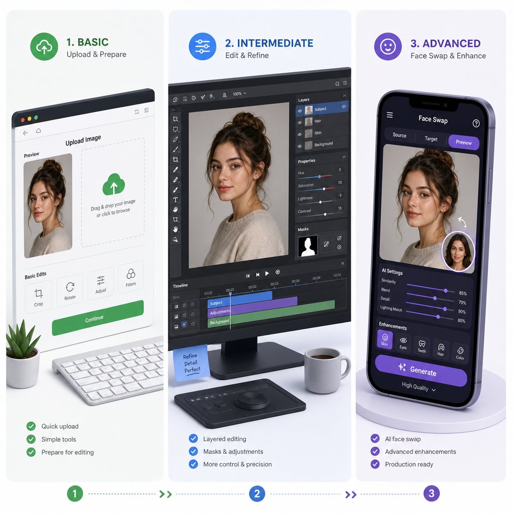 three face swap methods compared ai browser tools for speed photoshop for precision and mobile apps for convenience