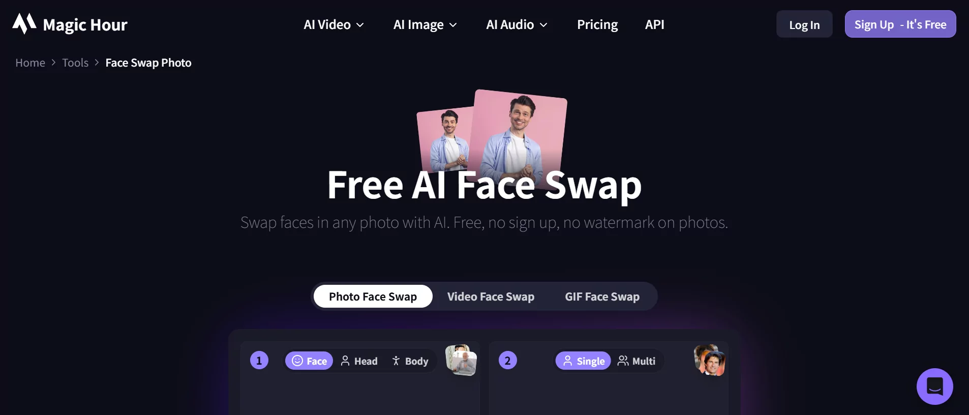 magic hour free ai face swap page showing face head and body modes and single or multi selection