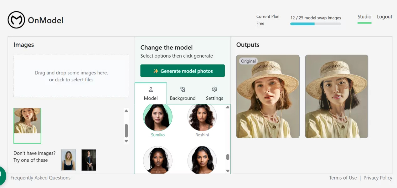 onmodel studio interface with image upload named model gallery and outputs panel showing a free plan counter