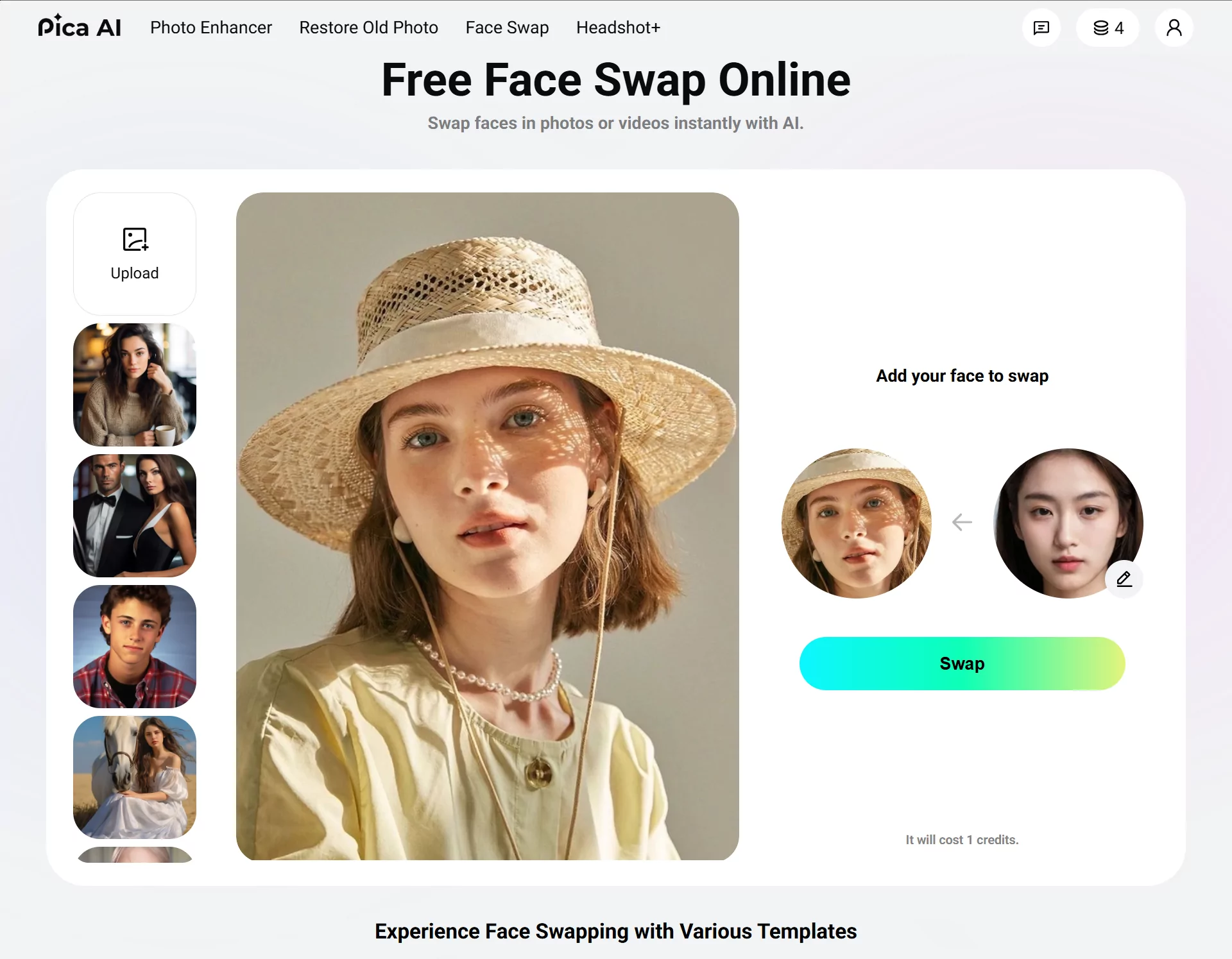 pica ai free face swap online workspace showing source and target faces and a one credit cost