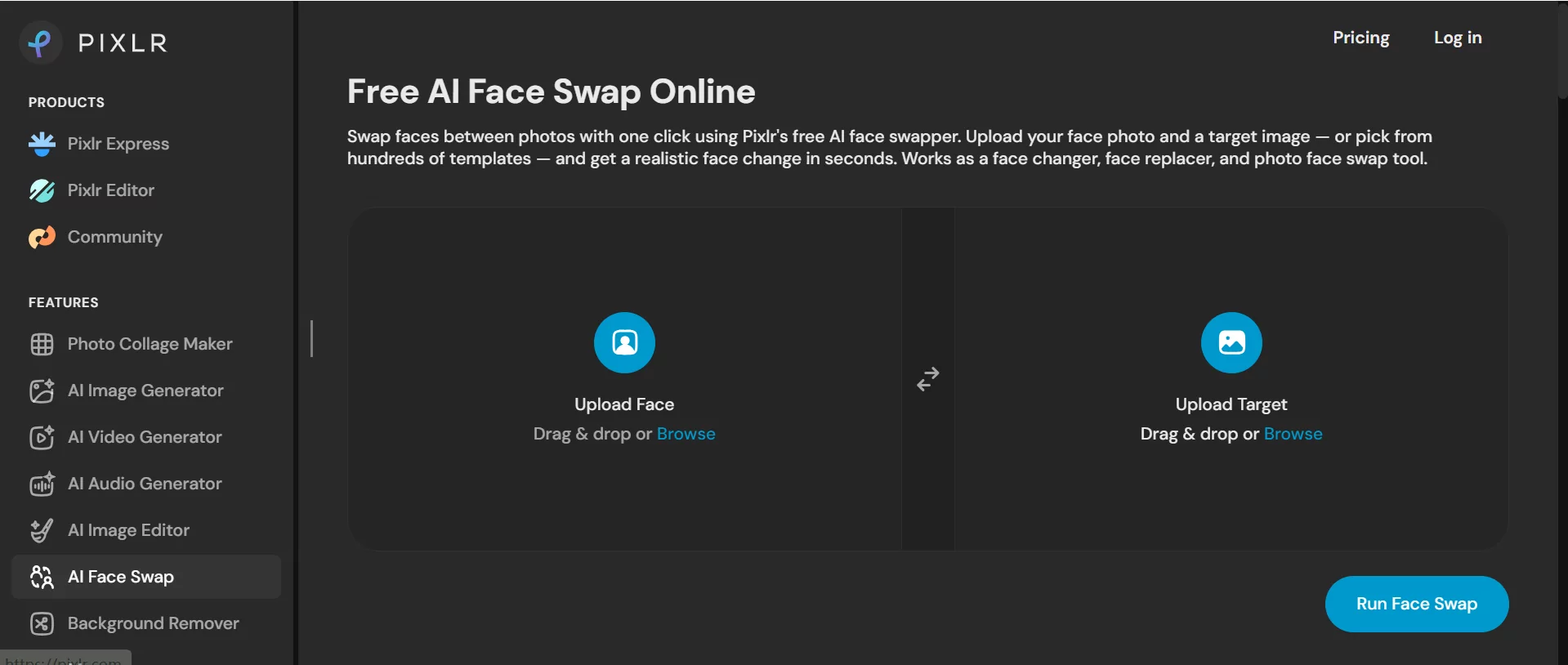 pixlr free ai face swap online page with upload face and upload target panels