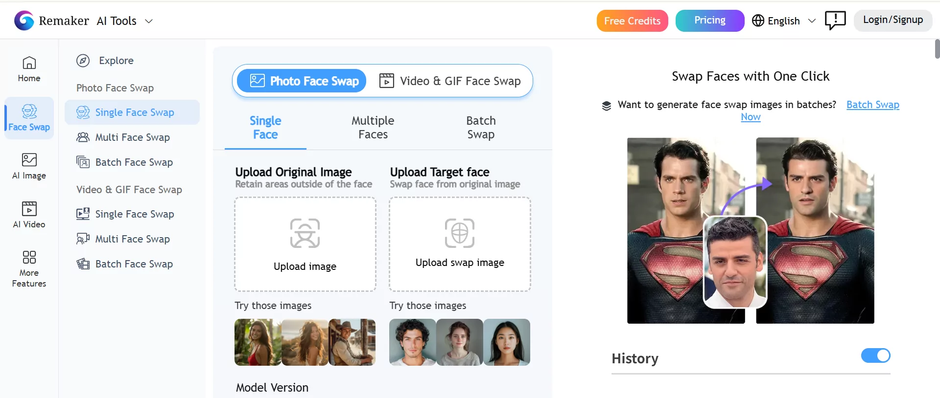 remaker ai face swap workspace showing the photo and video face swap tool rail