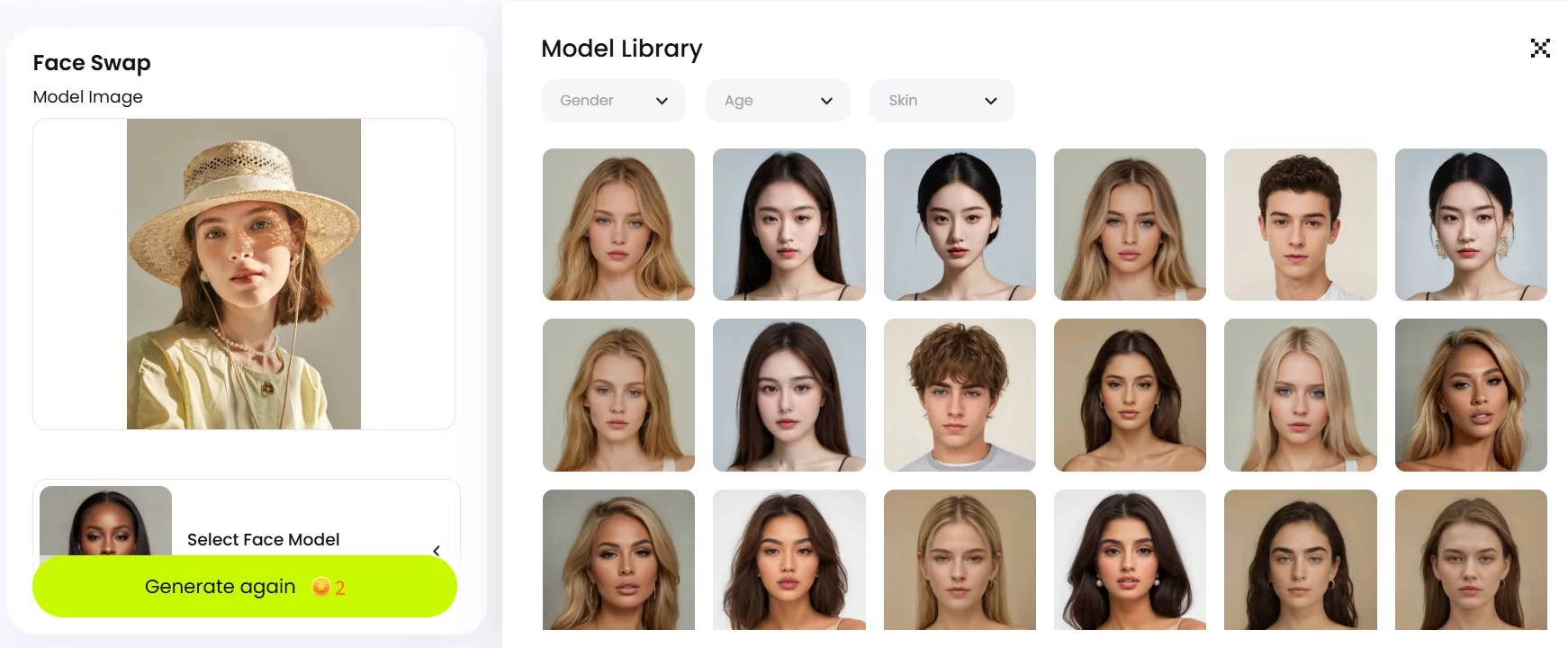 snappyit model library showing preset ai faces filtered by gender age and skin tone