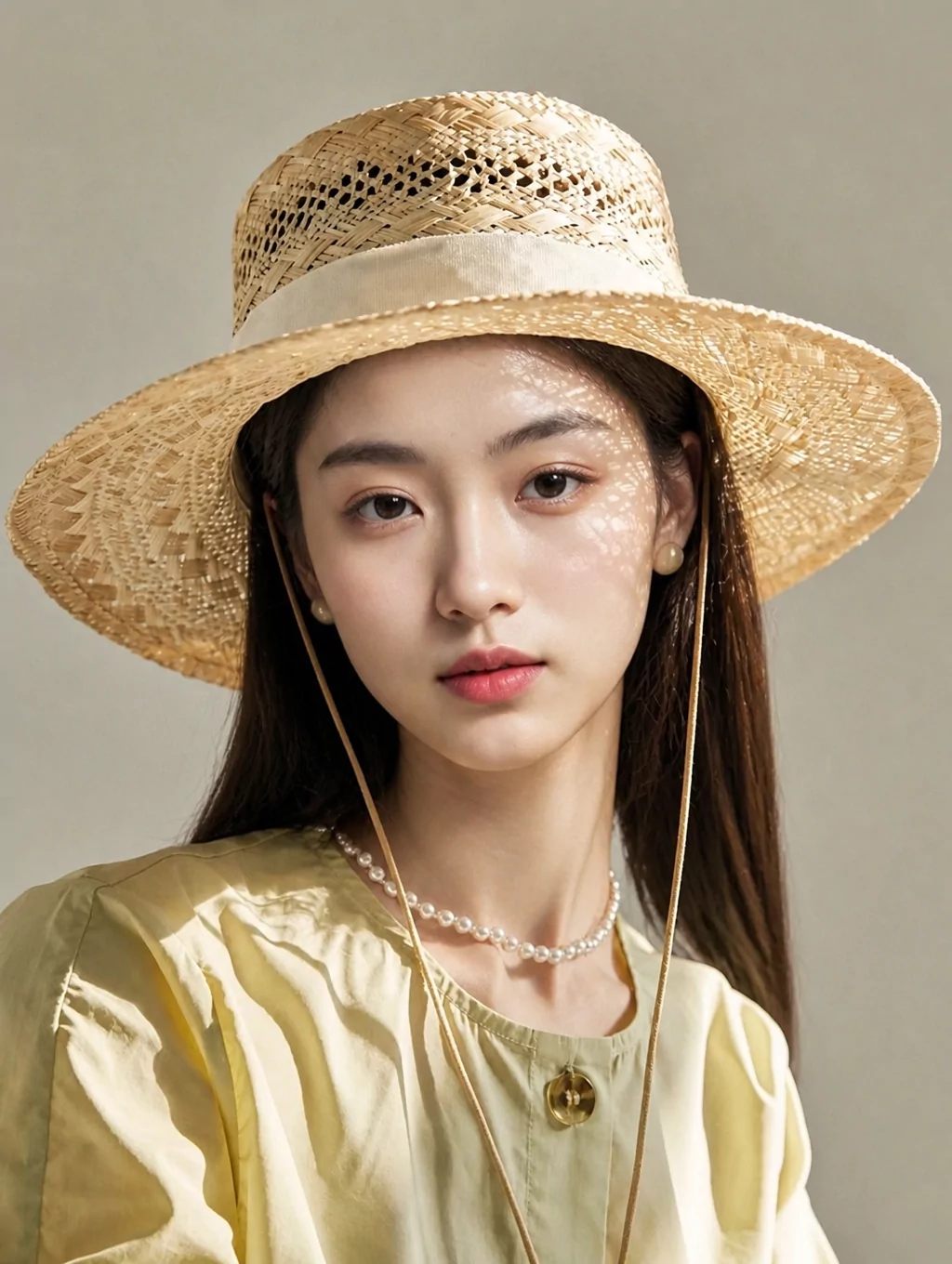 snappyit face swap result showing an east asian model with the straw hat shadow pattern retained