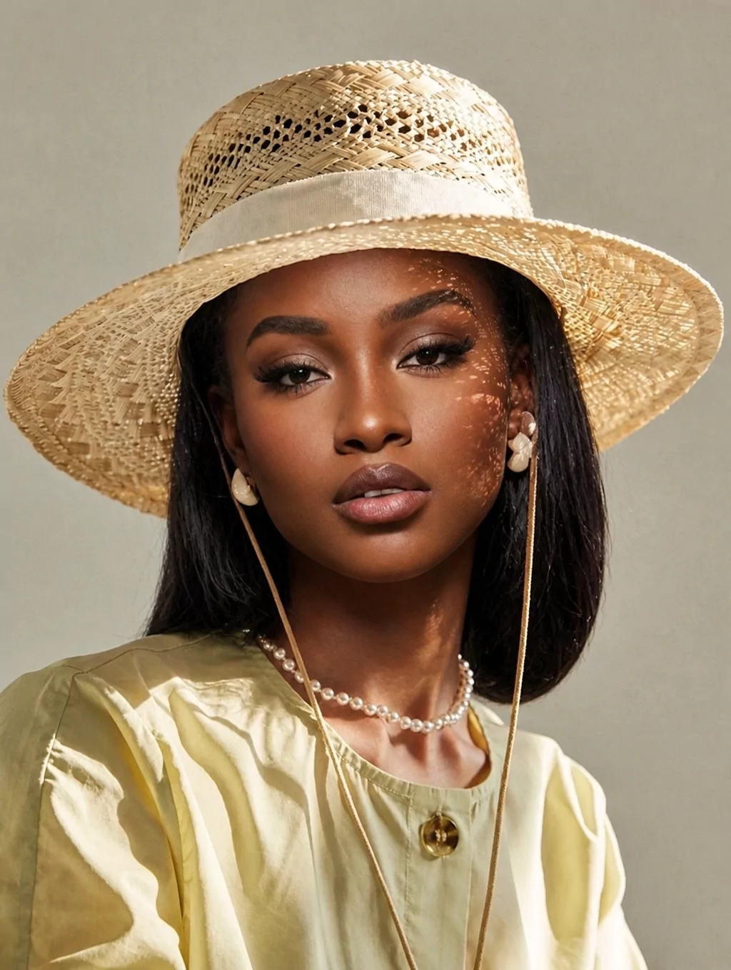 snappyit face swap result showing a deeper skin tone model with the hat dappled light preserved on her face