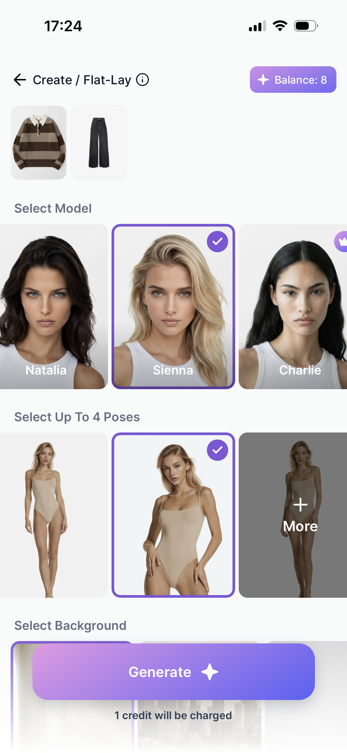 Botika garment workflow with model pose and background controls