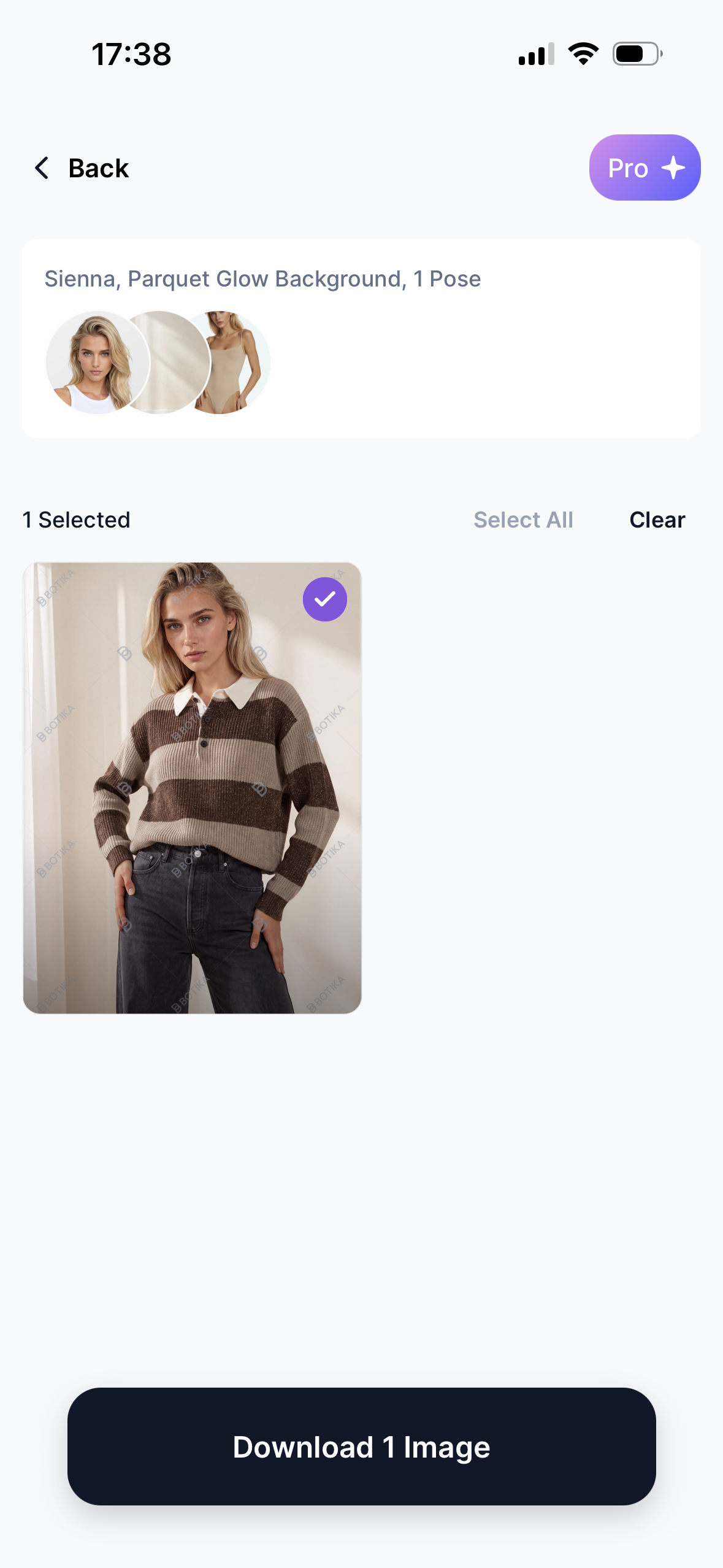 Botika generated fashion model result and download screen