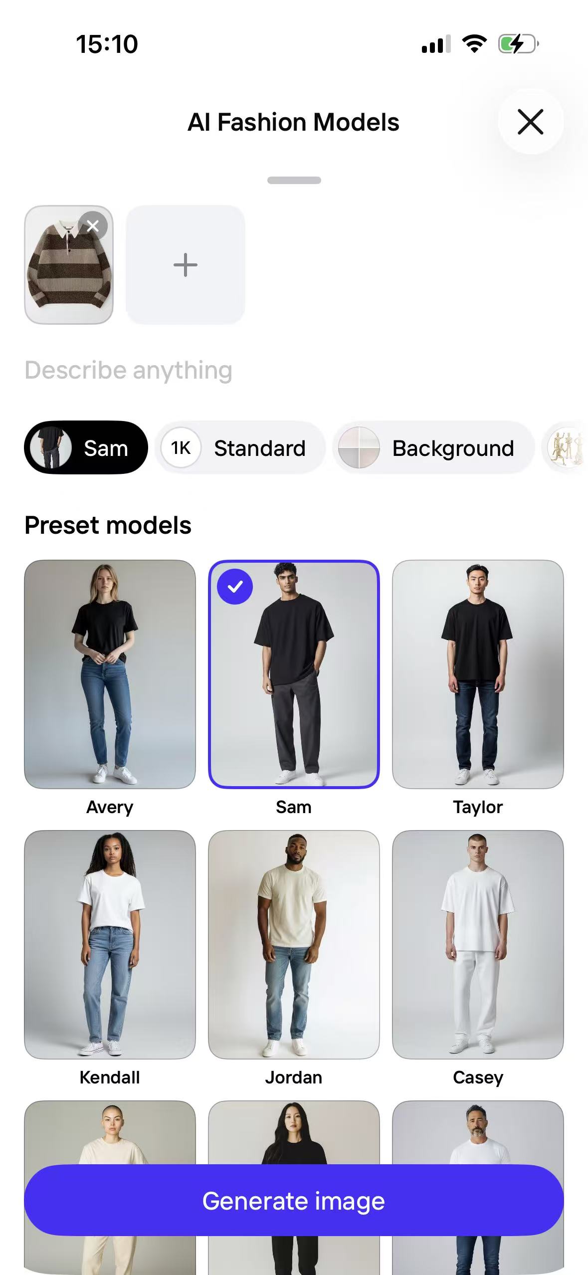 Photoroom AI Fashion Models setup screen with preset model choices