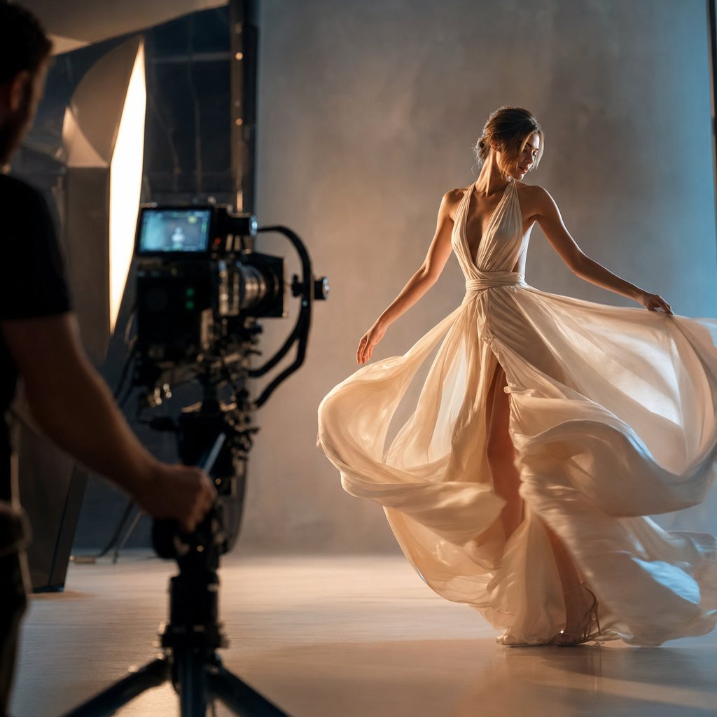 a fashion promo video production set combining movement lighting and cinematic camera work to bring apparel to life