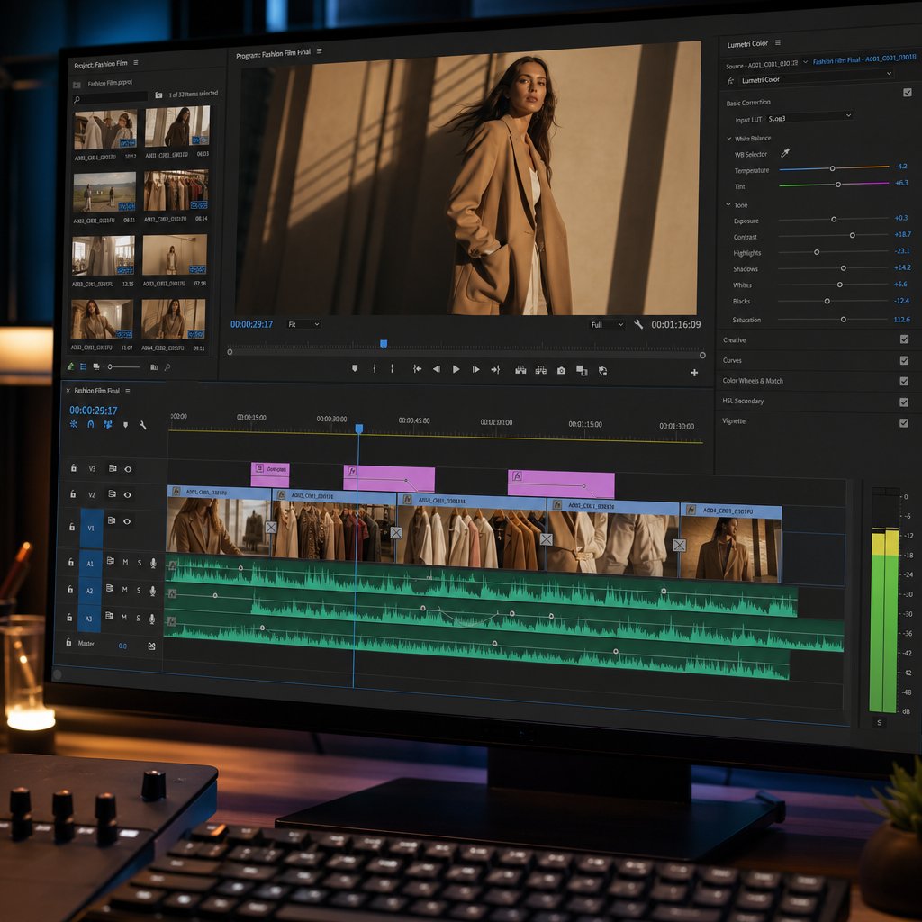 color grading and timeline editing in post production where raw fashion footage transforms into polished brand content
