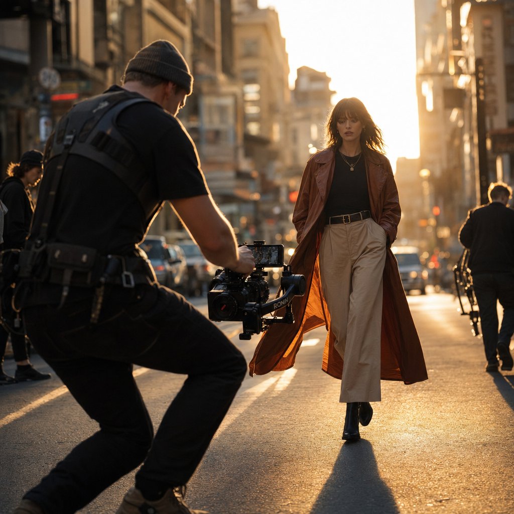 golden hour filming with gimbal stabilization capturing fluid model movement for a cinematic fashion promo video