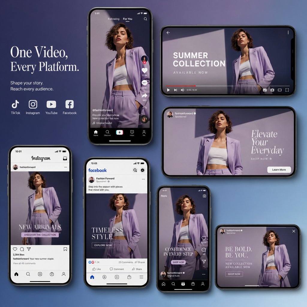 one fashion promo video repurposed across multiple platform formats with tailored aspect ratios and caption styles