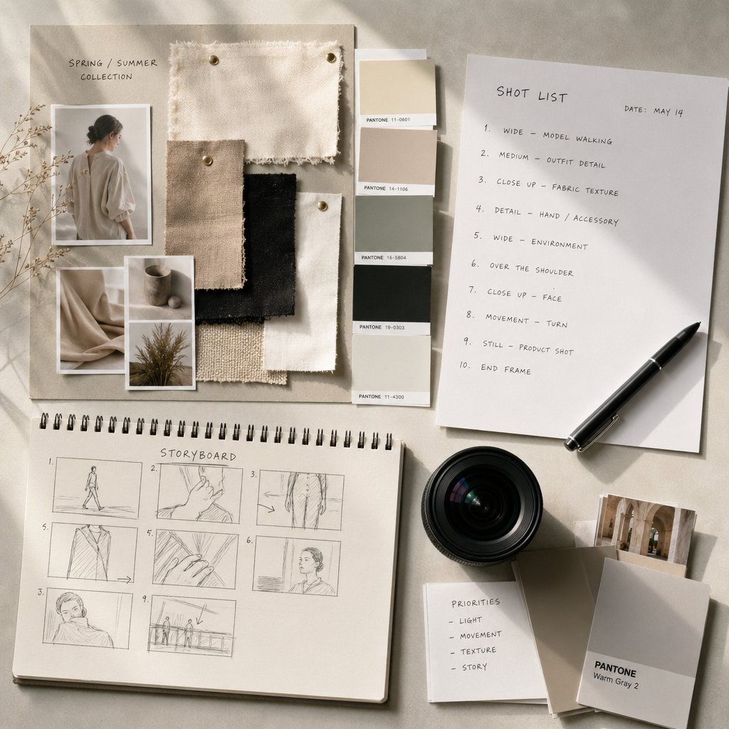 pre production planning tools including mood boards shot lists and storyboards that guide a fashion video from concept to set
