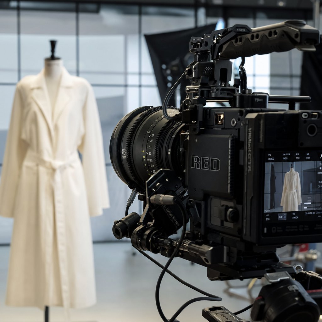 Cinema camera with prime lens configured for fashion cinematography in a controlled studio environment