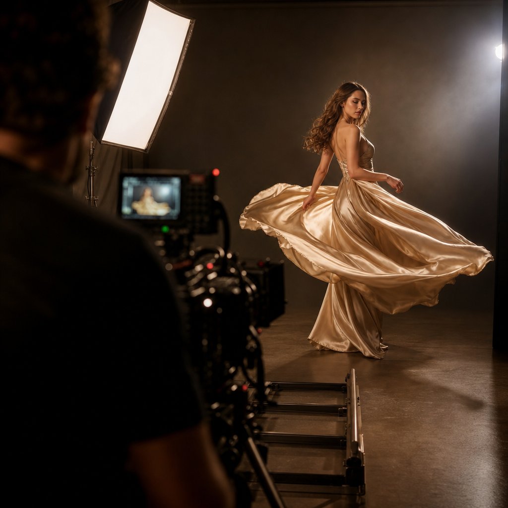 Fashion video production set with cinematic lighting revealing fabric movement and texture