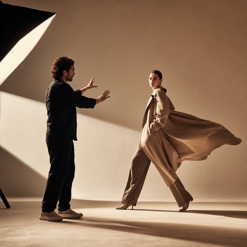 Fashion director guiding a model through choreographed movement on a professionally lit video set