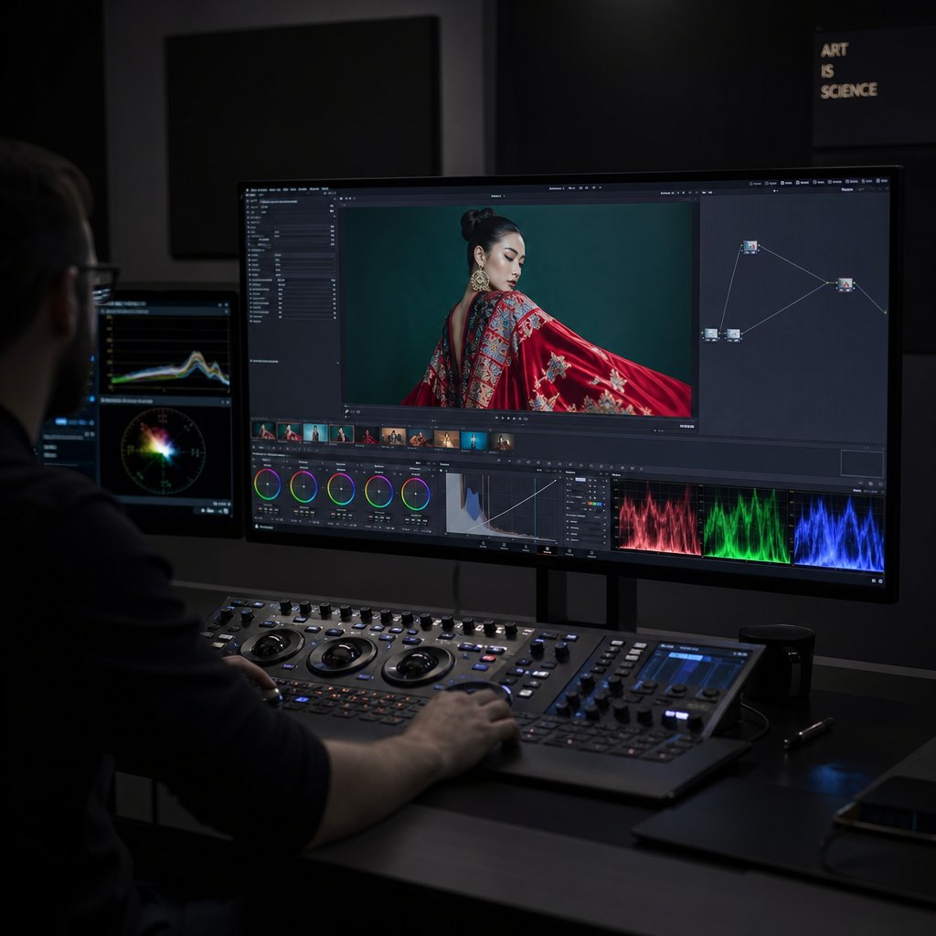 Professional color grading suite with fashion footage displayed for precise fabric color correction