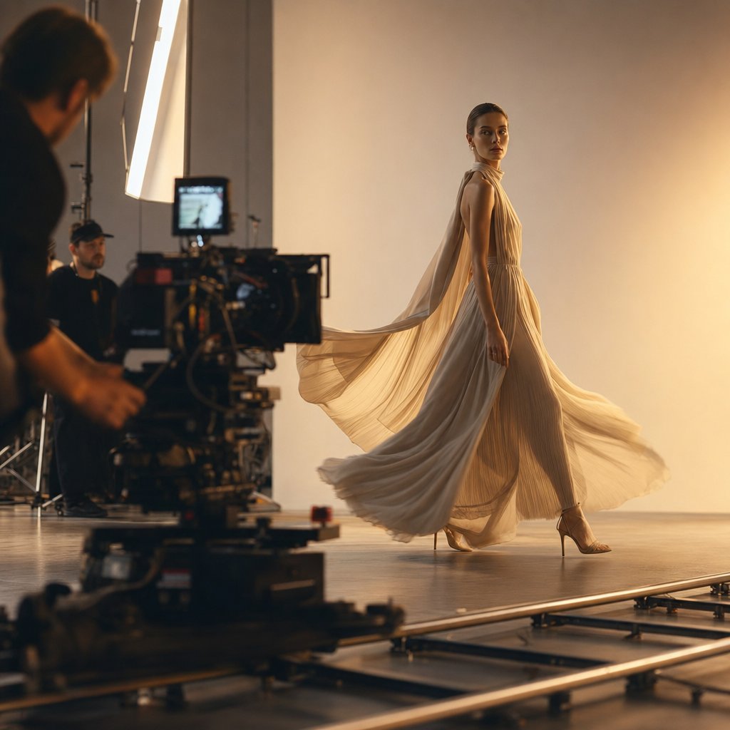 professional fashion video production combining cinematic camera work with studio lighting to capture garment movement